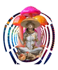 Custom-designed t-shirt featuring a meditating psychonaut surrounded by psychedelic mushrooms, cosmic fractals, and sacred geometry.