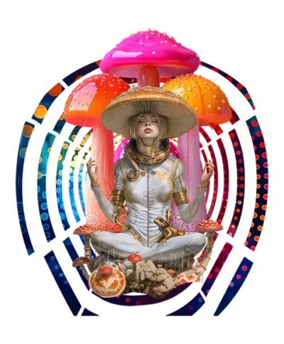 Custom-designed t-shirt featuring a meditating psychonaut surrounded by psychedelic mushrooms, cosmic fractals, and sacred geometry.