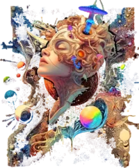 Custom-designed t-shirt featuring a psychonaut dissolving into psychedelic fractals and sacred geometry during a cosmic giggle breakthrough.