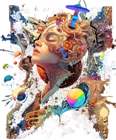 Custom-designed t-shirt featuring a psychonaut dissolving into psychedelic fractals and sacred geometry during a cosmic giggle breakthrough.