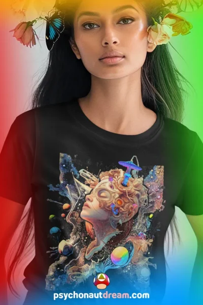 Custom-designed t-shirt featuring a psychonaut dissolving into psychedelic fractals and sacred geometry during a cosmic giggle breakthrough.