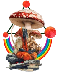Custom-designed t-shirt featuring a dead psychonaut dissolving into rainbows, psychedelic mushrooms, and sacred geometry.