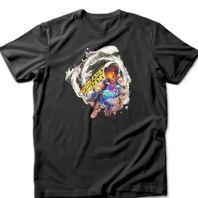 Custom-designed t-shirt featuring a psychonaut hovering above a galaxy, surrounded by sacred geometry, fractals, and nebula clouds.