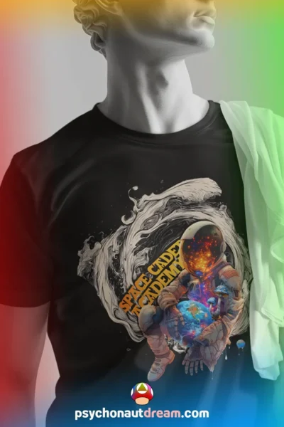 Custom-designed t-shirt featuring a psychonaut hovering above a galaxy, surrounded by sacred geometry, fractals, and nebula clouds.