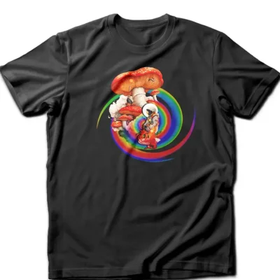 Custom-designed t-shirt featuring an astronaut floating beside a vibrant magic mushroom with sacred geometry and fractals.