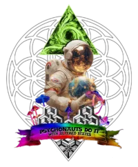 One-of-a-kind psychedelic t-shirt featuring a psychonaut over the Flower of Life holding the Earth with a scroll reading "Psychonauts Do It With Altered States."