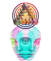One-of-a-kind psychedelic t-shirt featuring a glitchy duality figure with sacred geometry and an All-Seeing Eye symbolizing monism and cosmic awareness.