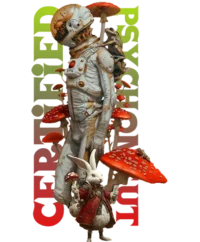 One-of-a-kind psychedelic t-shirt featuring a badge-style Certified Psychonaut design with an astronaut growing shroomies
