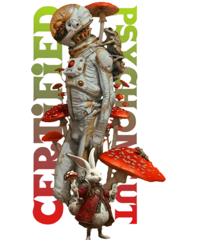 One-of-a-kind psychedelic t-shirt featuring a badge-style Certified Psychonaut design with an astronaut growing shroomies