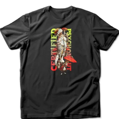 One-of-a-kind psychedelic t-shirt featuring a badge-style Certified Psychonaut design with an astronaut growing shroomies