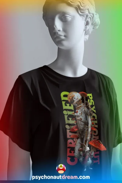 One-of-a-kind psychedelic t-shirt featuring a badge-style Certified Psychonaut design with an astronaut growing shroomies