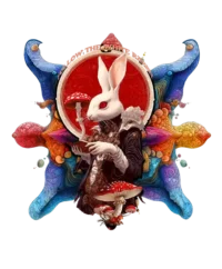 Unique psychedelic t-shirt featuring a white rabbit with fractals, sacred geometry, and surreal patterns symbolizing altered perception.