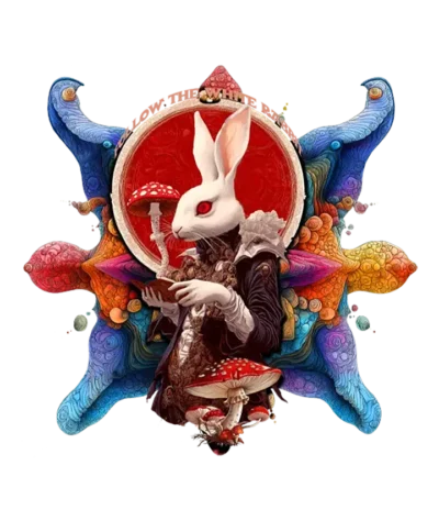 Unique psychedelic t-shirt featuring a white rabbit with fractals, sacred geometry, and surreal patterns symbolizing altered perception.