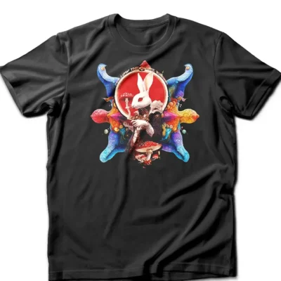 Unique psychedelic t-shirt featuring a white rabbit with fractals, sacred geometry, and surreal patterns symbolizing altered perception.