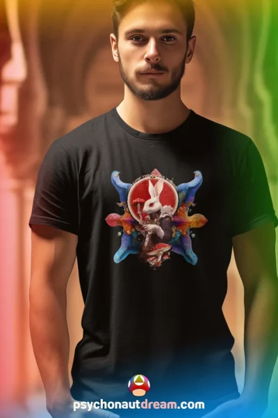 Unique psychedelic t-shirt featuring a white rabbit with fractals, sacred geometry, and surreal patterns symbolizing altered perception.