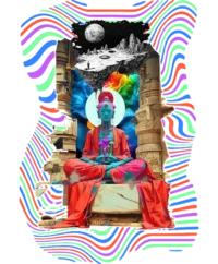 Distinctive psychedelic t-shirt featuring a meditating Buddha over a swirling trippy cosmic universe with sacred geometry and fractals.