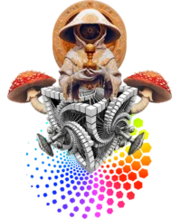 Exclusive psychedelic t-shirt featuring a shroom acolyte figure emerging from sacred geometry patterns with mushrooms and fractals.