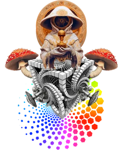 Exclusive psychedelic t-shirt featuring a shroom acolyte figure emerging from sacred geometry patterns with mushrooms and fractals.