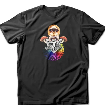 Exclusive psychedelic t-shirt featuring a shroom acolyte figure emerging from sacred geometry patterns with mushrooms and fractals.