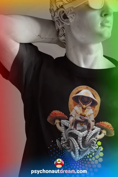 Exclusive psychedelic t-shirt featuring a shroom acolyte figure emerging from sacred geometry patterns with mushrooms and fractals.