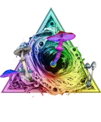 Bold psychedelic t-shirt featuring psilocybin mushrooms emerging from a black hole with a cosmic universe background and sacred geometry.