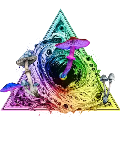 Bold psychedelic t-shirt featuring psilocybin mushrooms emerging from a black hole with a cosmic universe background and sacred geometry.