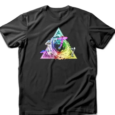 Bold psychedelic t-shirt featuring psilocybin mushrooms emerging from a black hole with a cosmic universe background and sacred geometry.