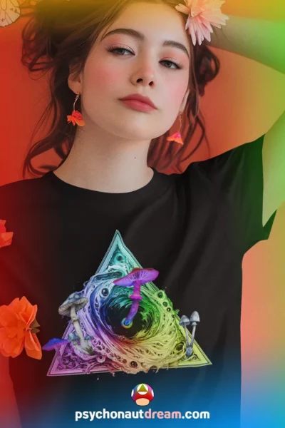 Bold psychedelic t-shirt featuring psilocybin mushrooms emerging from a black hole with a cosmic universe background and sacred geometry.