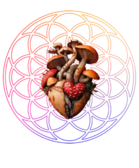 Exclusive psychedelic t-shirt featuring a heart-shaped cluster of psilocybin mushrooms over the Flower of Life sacred geometry.