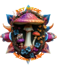 Statement psychedelic t-shirt featuring a magic mushroom surrounded by fractals and sacred geometry with the phrase “Eat Magic, Become Magic.”