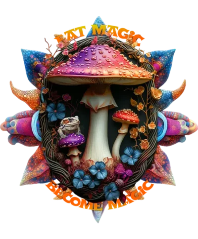 Statement psychedelic t-shirt featuring a magic mushroom surrounded by fractals and sacred geometry with the phrase “Eat Magic, Become Magic.”