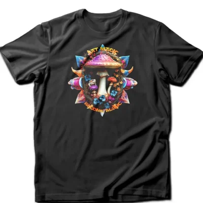 Statement psychedelic t-shirt featuring a magic mushroom surrounded by fractals and sacred geometry with the phrase “Eat Magic, Become Magic.”