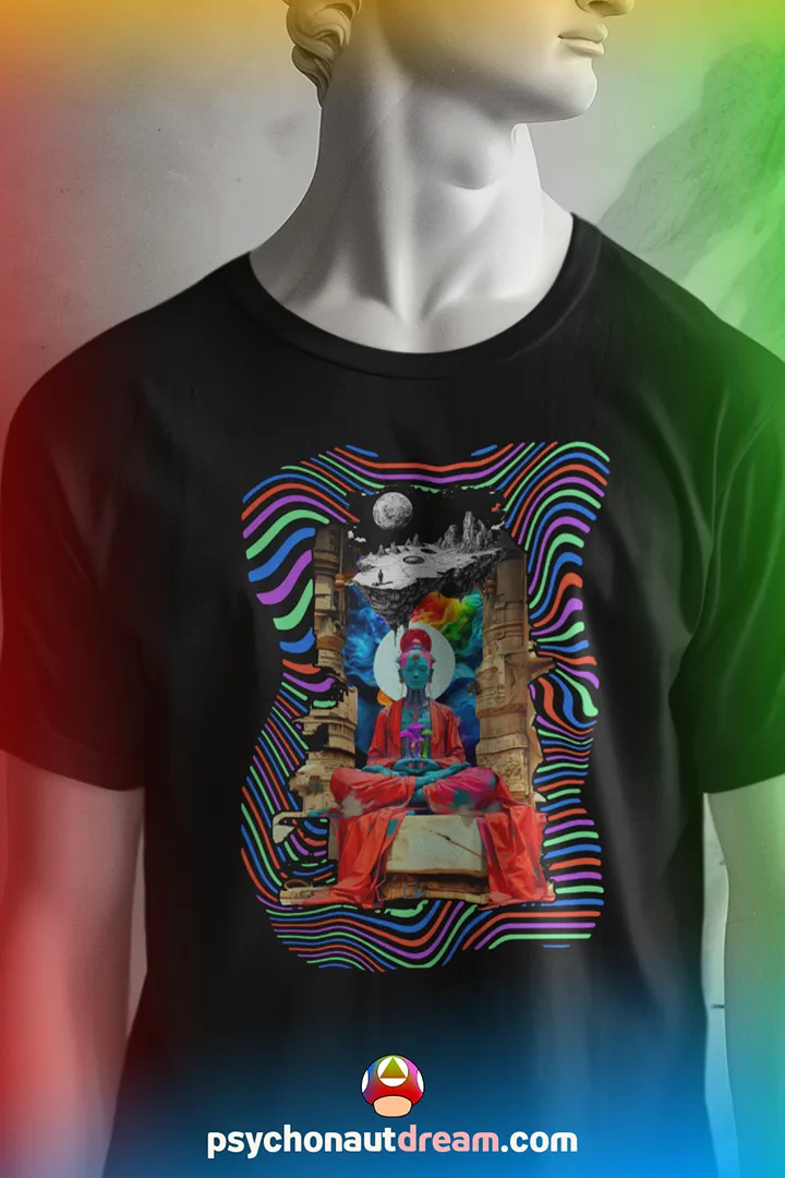 Distinctive psychedelic t-shirt featuring a meditating Buddha over a swirling trippy cosmic universe with sacred geometry and fractals.