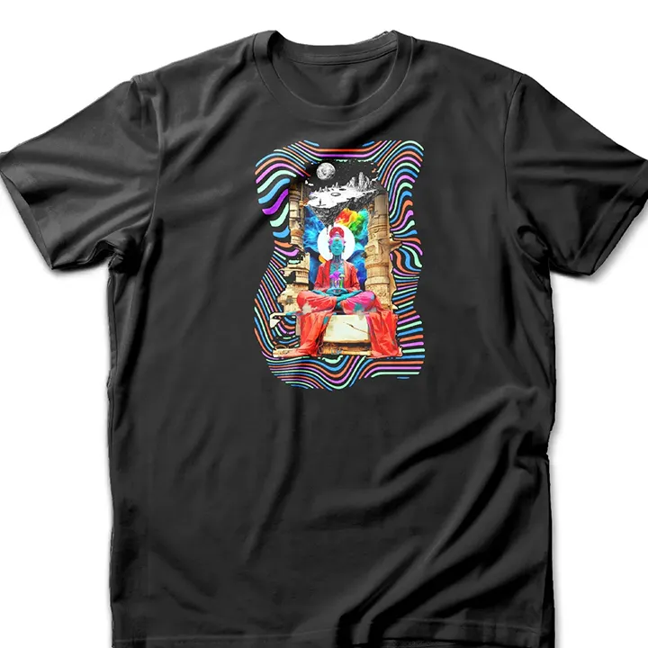 Distinctive psychedelic t-shirt featuring a meditating Buddha over a swirling trippy cosmic universe with sacred geometry and fractals.
