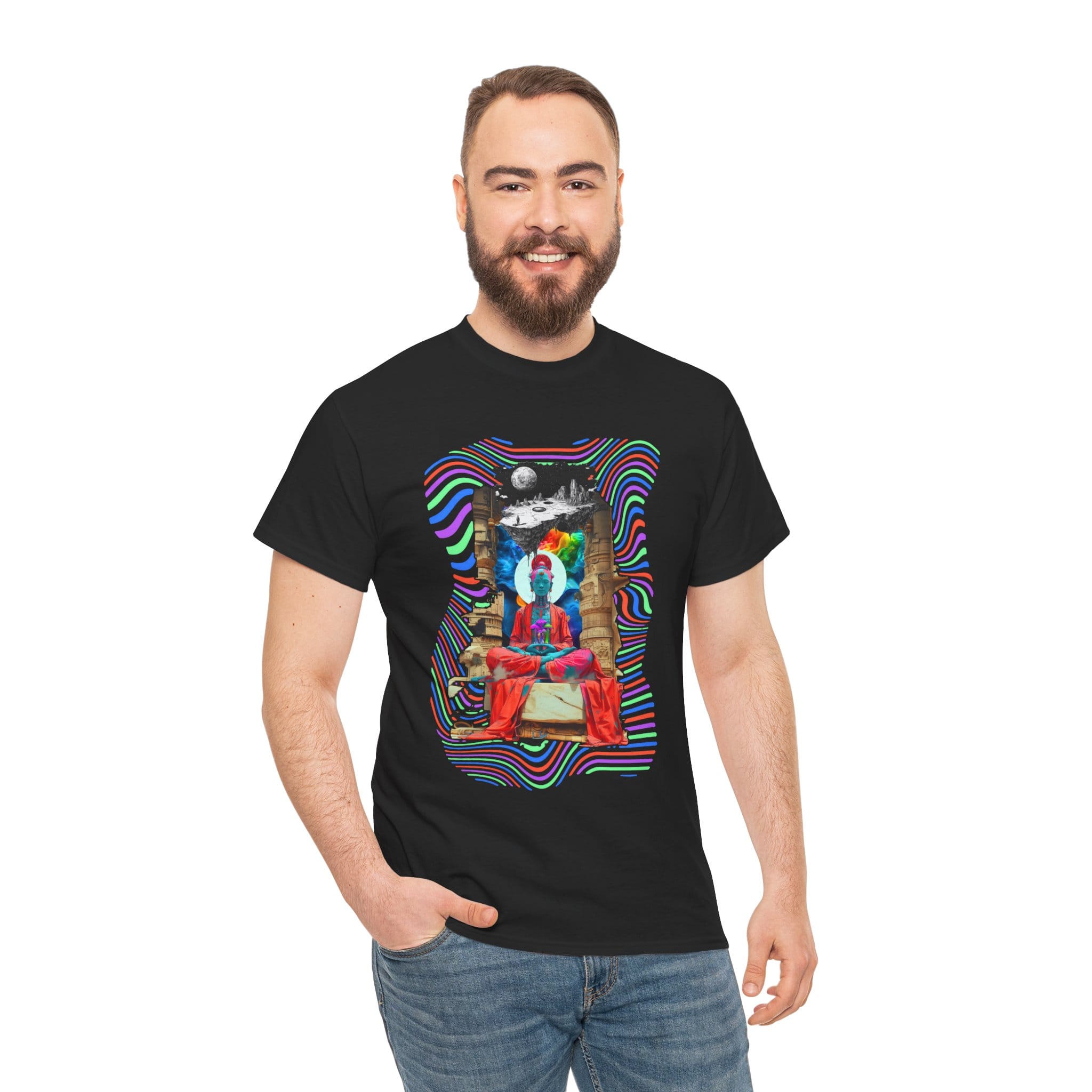 Distinctive psychedelic t-shirt featuring a meditating Buddha over a swirling trippy cosmic universe with sacred geometry and fractals.