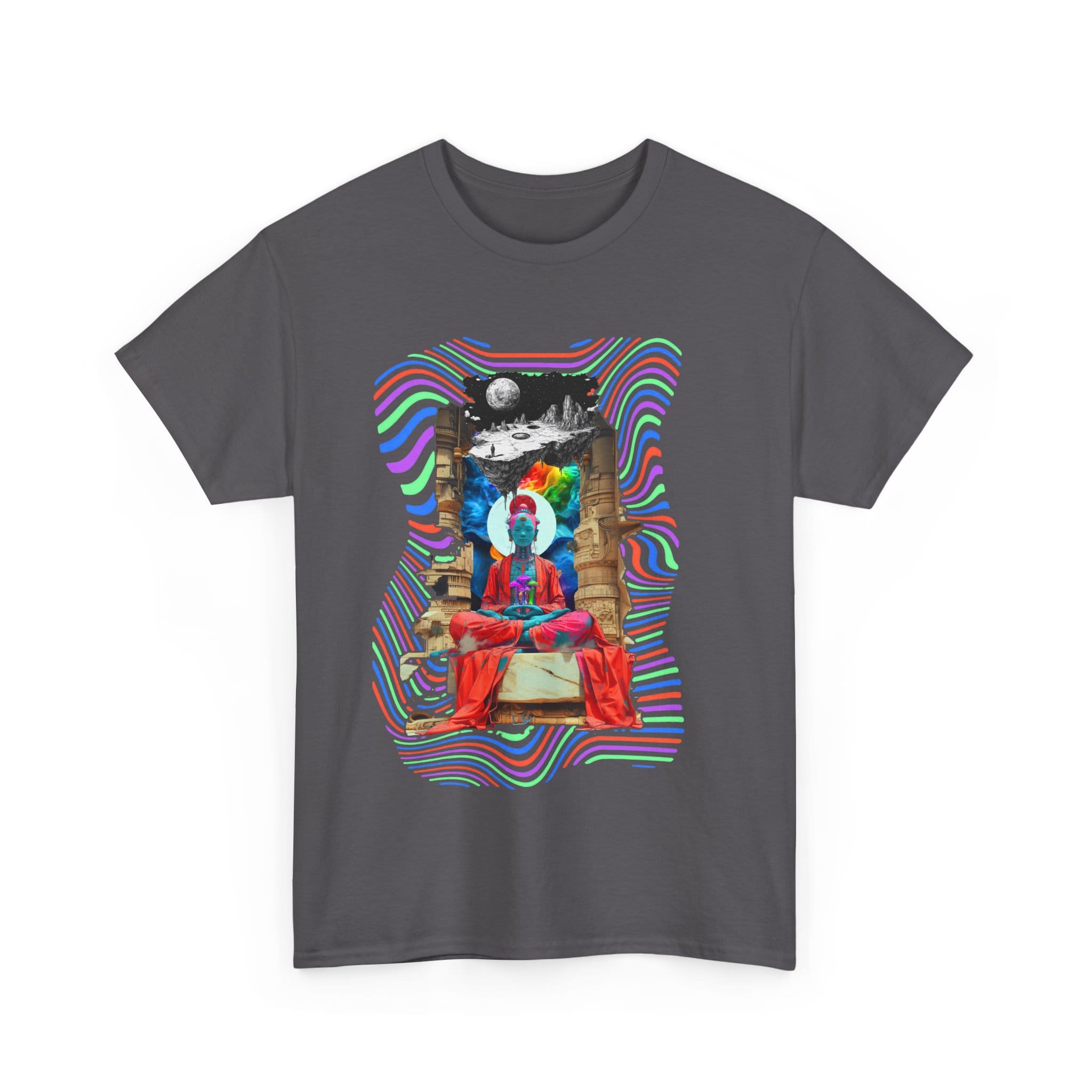Distinctive psychedelic t-shirt featuring a meditating Buddha over a swirling trippy cosmic universe with sacred geometry and fractals.