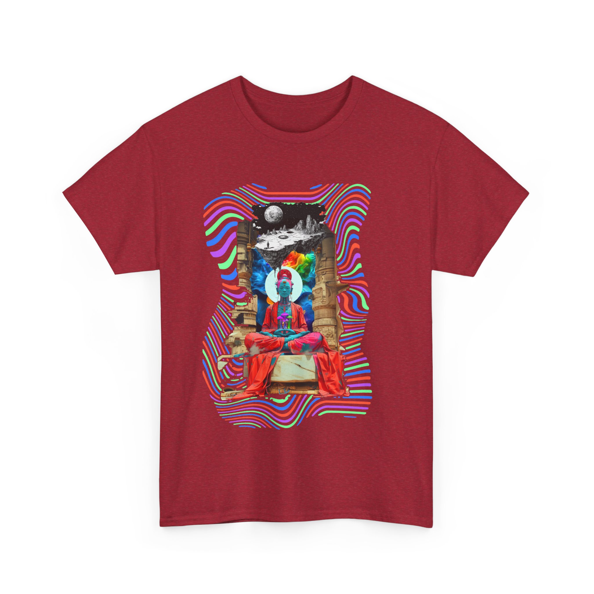 Distinctive psychedelic t-shirt featuring a meditating Buddha over a swirling trippy cosmic universe with sacred geometry and fractals.