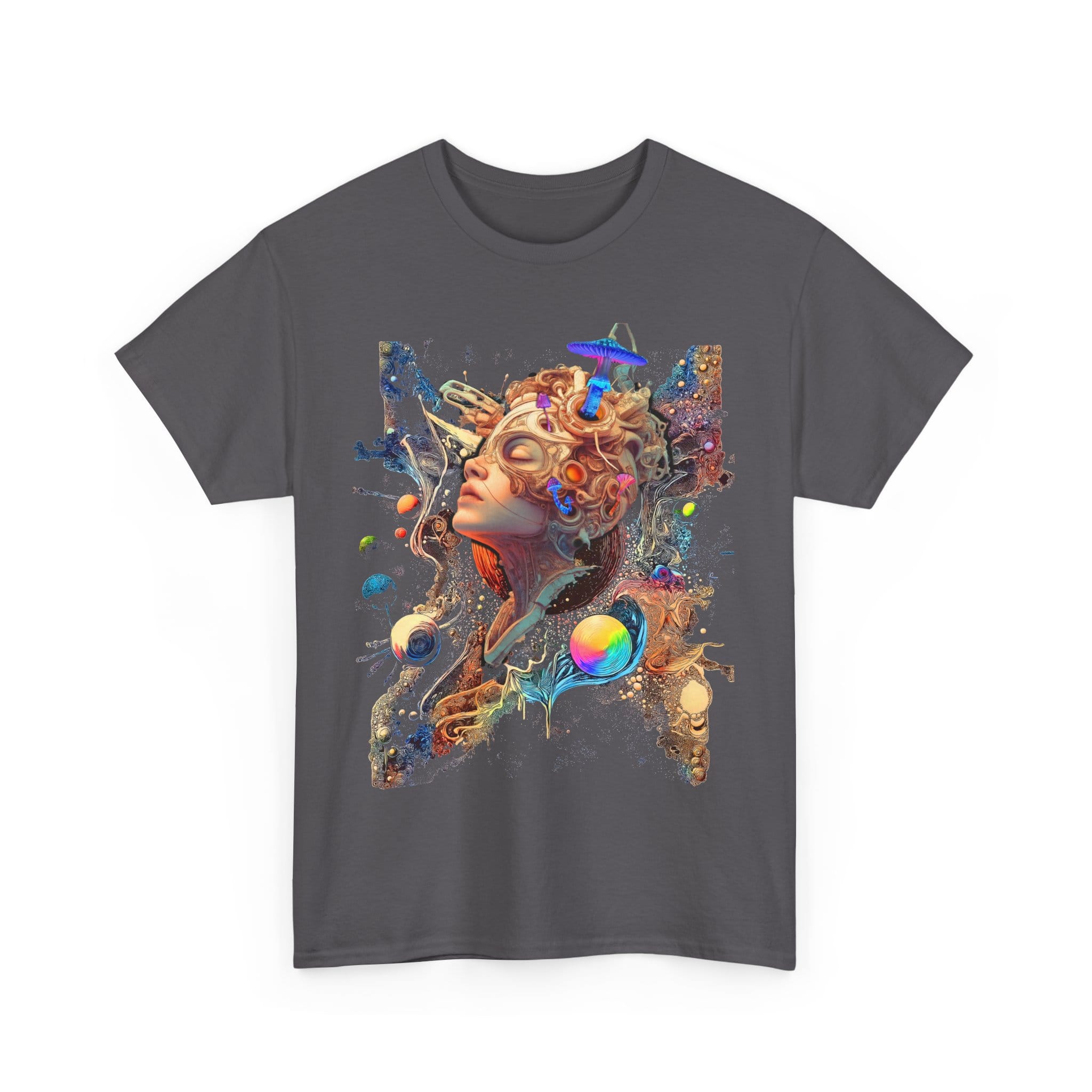 Custom-designed t-shirt featuring a psychonaut dissolving into psychedelic fractals and sacred geometry during a cosmic giggle breakthrough.
