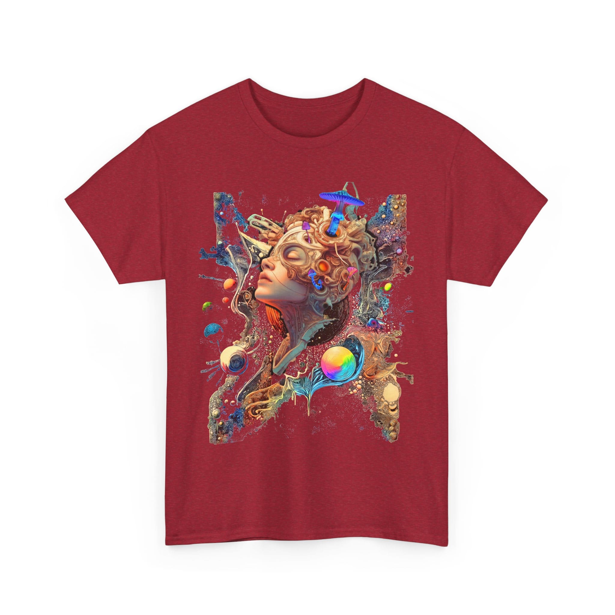 Custom-designed t-shirt featuring a psychonaut dissolving into psychedelic fractals and sacred geometry during a cosmic giggle breakthrough.