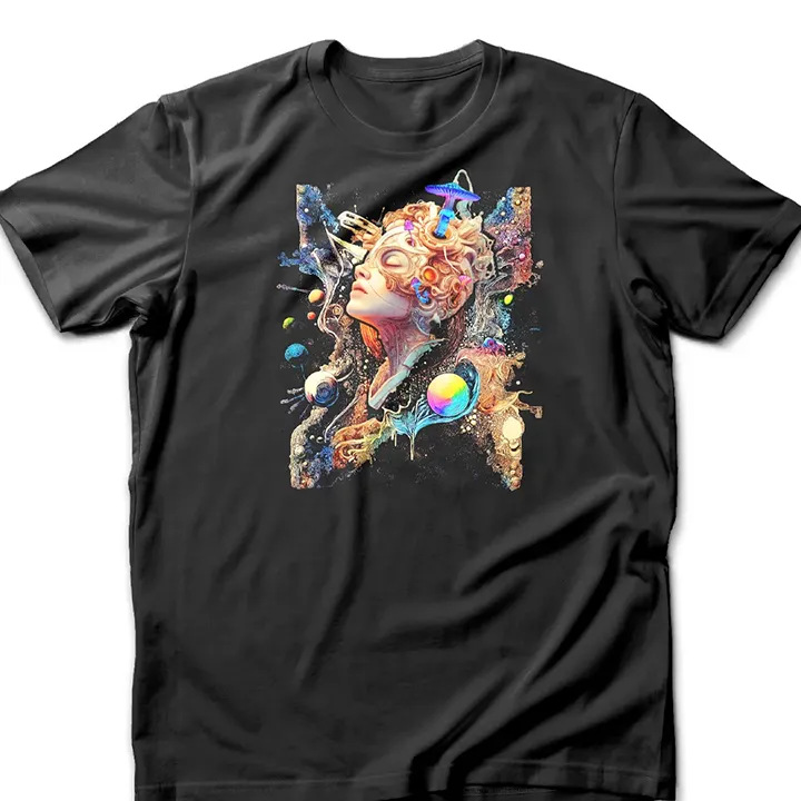 Custom-designed t-shirt featuring a psychonaut dissolving into psychedelic fractals and sacred geometry during a cosmic giggle breakthrough.
