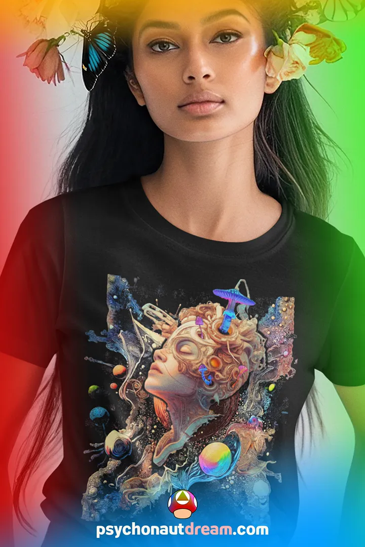 Custom-designed t-shirt featuring a psychonaut dissolving into psychedelic fractals and sacred geometry during a cosmic giggle breakthrough.