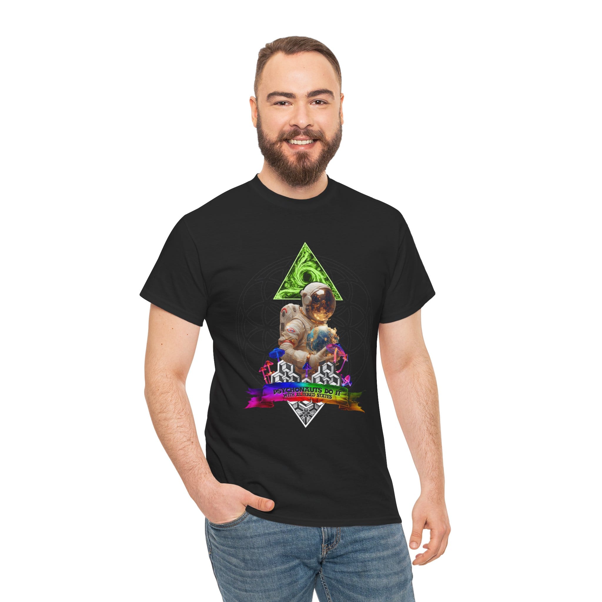 One-of-a-kind psychedelic t-shirt featuring a psychonaut over the Flower of Life holding the Earth with a scroll reading "Psychonauts Do It With Altered States."