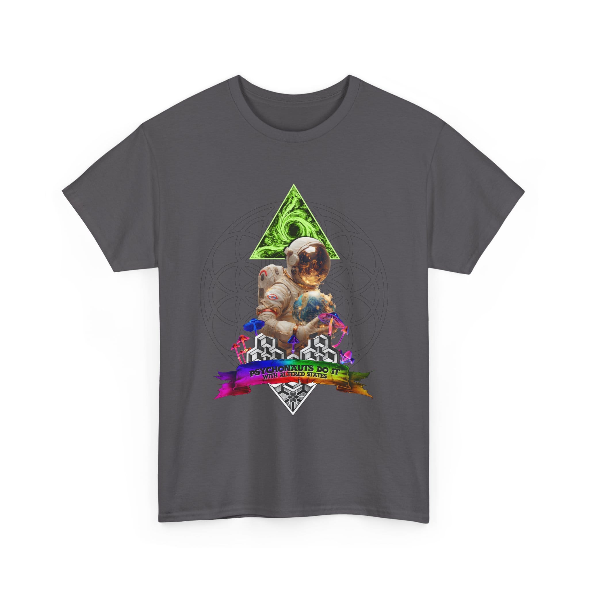 One-of-a-kind psychedelic t-shirt featuring a psychonaut over the Flower of Life holding the Earth with a scroll reading "Psychonauts Do It With Altered States."