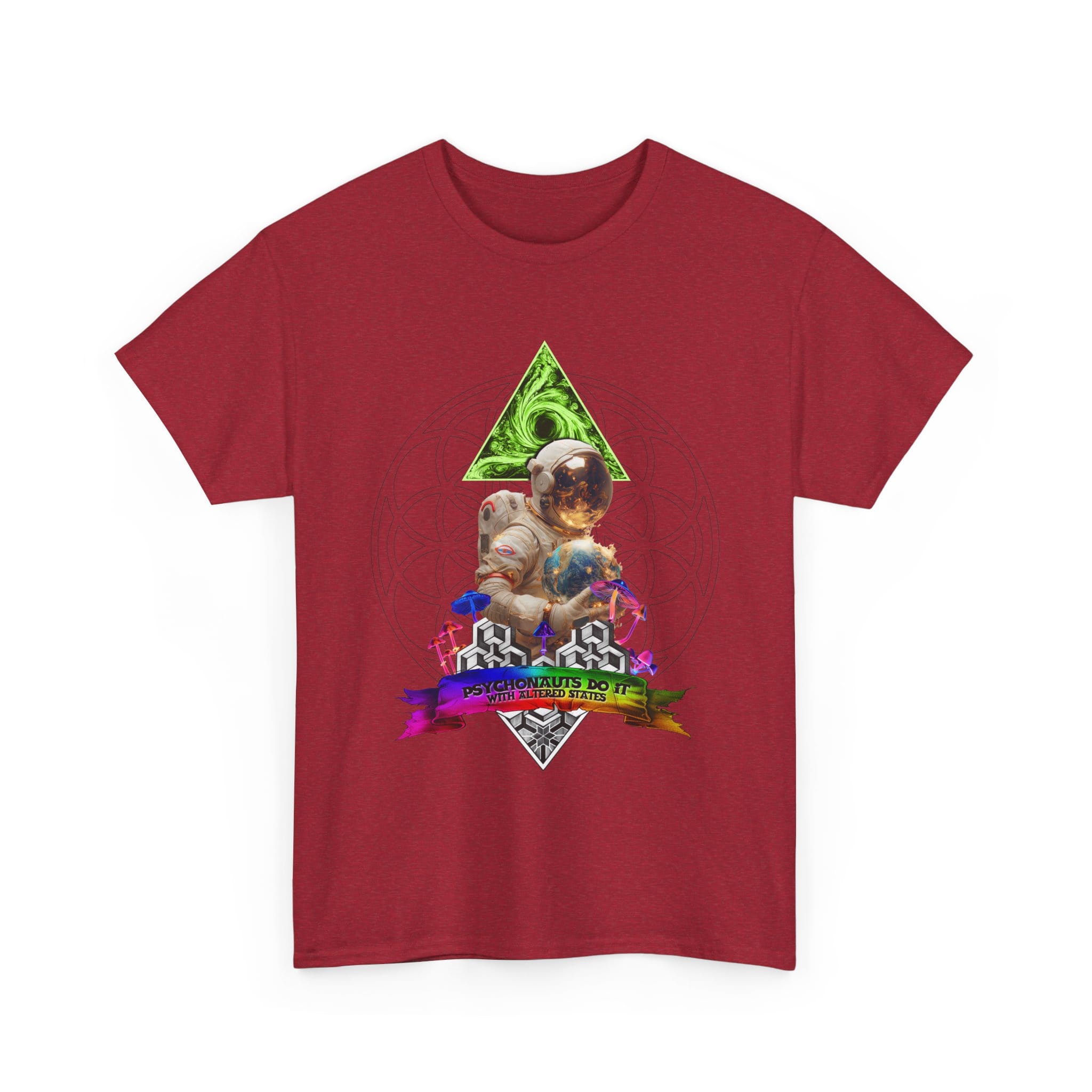 One-of-a-kind psychedelic t-shirt featuring a psychonaut over the Flower of Life holding the Earth with a scroll reading "Psychonauts Do It With Altered States."