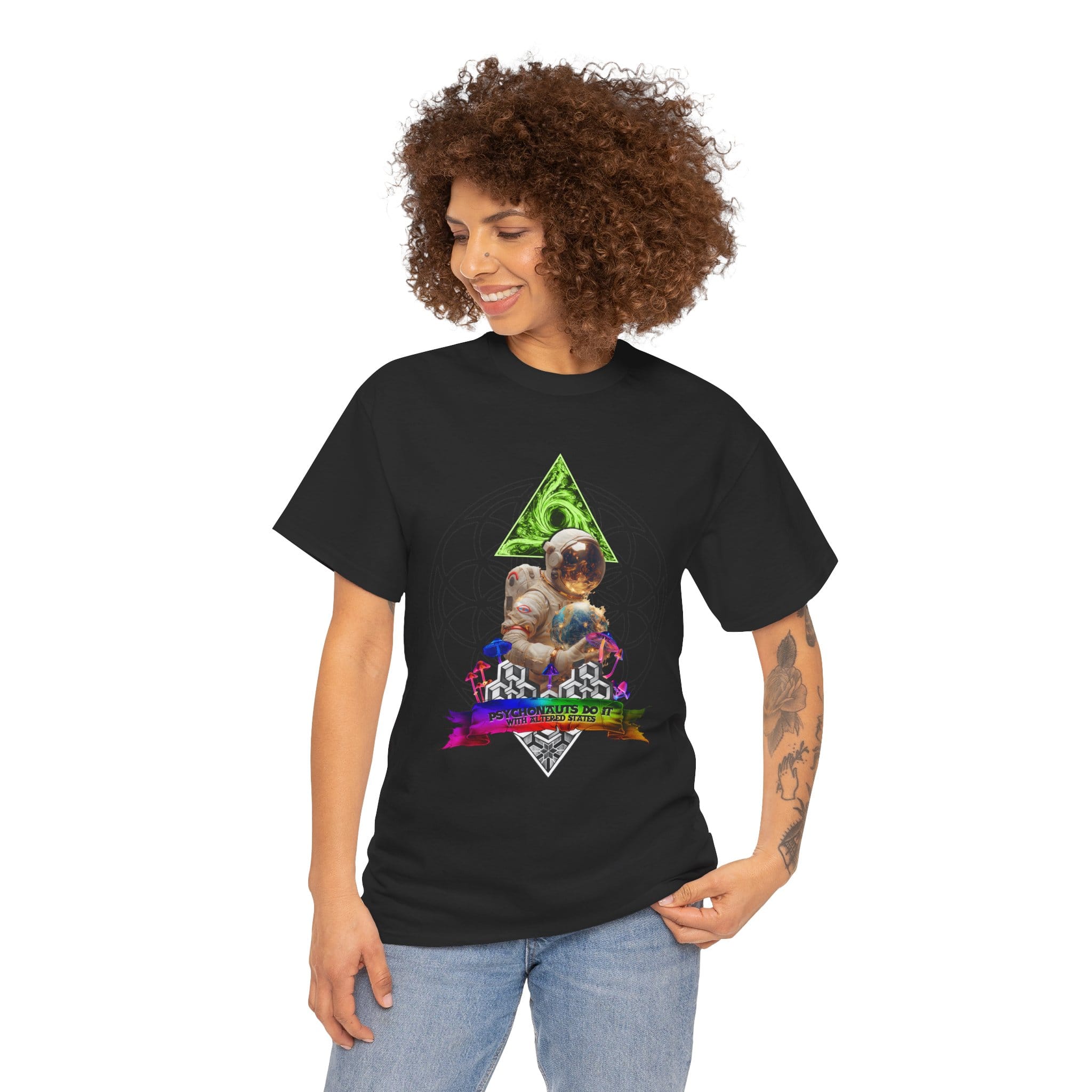 One-of-a-kind psychedelic t-shirt featuring a psychonaut over the Flower of Life holding the Earth with a scroll reading "Psychonauts Do It With Altered States."