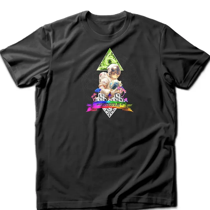 One-of-a-kind psychedelic t-shirt featuring a psychonaut over the Flower of Life holding the Earth with a scroll reading "Psychonauts Do It With Altered States."