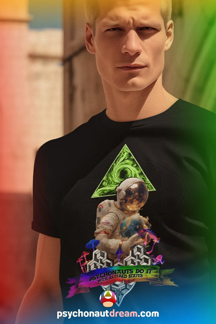 One-of-a-kind psychedelic t-shirt featuring a psychonaut over the Flower of Life holding the Earth with a scroll reading "Psychonauts Do It With Altered States."