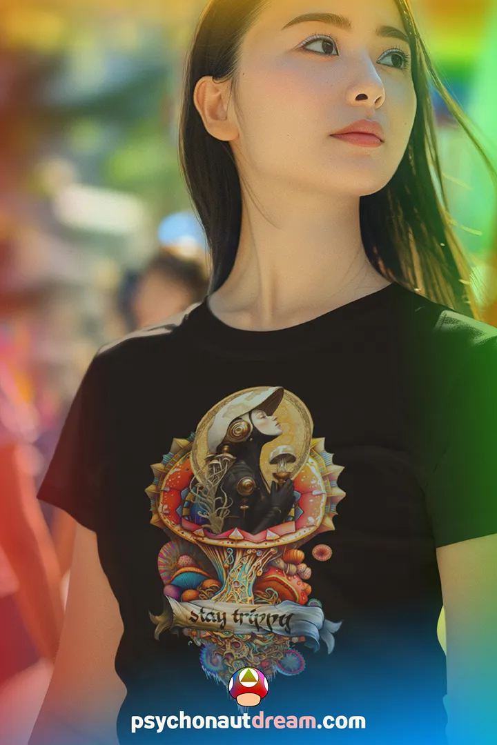 Custom-designed t-shirt featuring a psychonaut figure sprouting from a psychedelic mushroom surrounded by sacred geometry and fractal patterns.