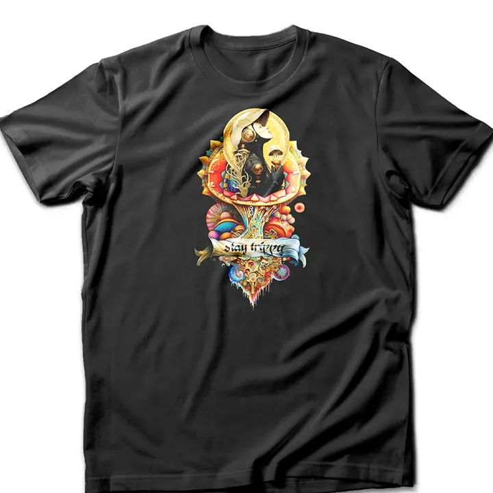 Custom-designed t-shirt featuring a psychonaut figure sprouting from a psychedelic mushroom surrounded by sacred geometry and fractal patterns.