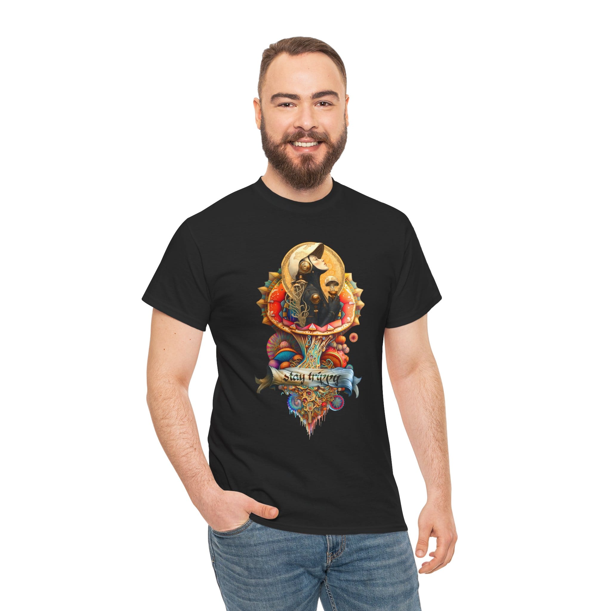 Custom-designed t-shirt featuring a psychonaut figure sprouting from a psychedelic mushroom surrounded by sacred geometry and fractal patterns.